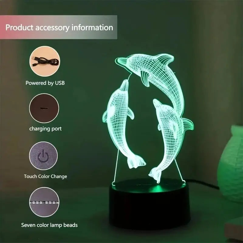 3D Dolphin Night Light Optical Illusion Lamp With Touch, Ambient Lamp For Bedroom