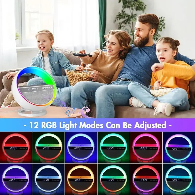 6-in-1 Wireless Charger, Multi-function Bluetooth Speaker, Clock, Alarm Clock FM Radio, Table Lamp, 12color Ambient Night Light