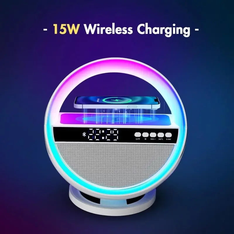 6-in-1 Wireless Charger, Multi-function Bluetooth Speaker, Clock, Alarm Clock FM Radio, Table Lamp, 12color Ambient Night Light