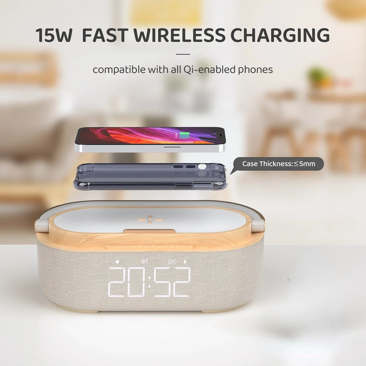 Wireless Charger 15W Bluetooth speaker alarm clock FM radio night light dual wireless speaker family bedside digital alarm clock