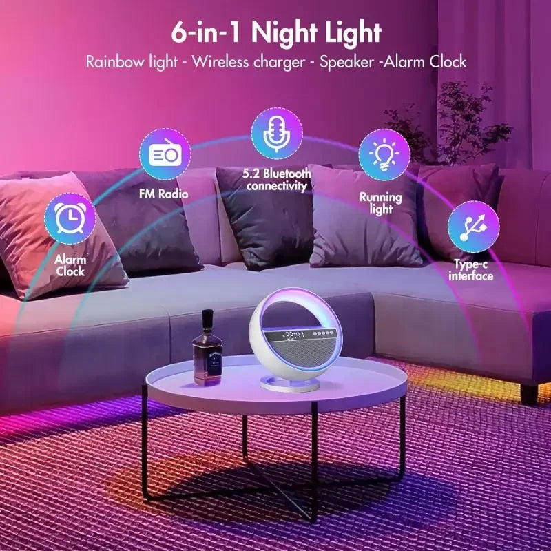 6-in-1 Wireless Charger, Multi-function Bluetooth Speaker, Clock, Alarm Clock FM Radio, Table Lamp, 12color Ambient Night Light