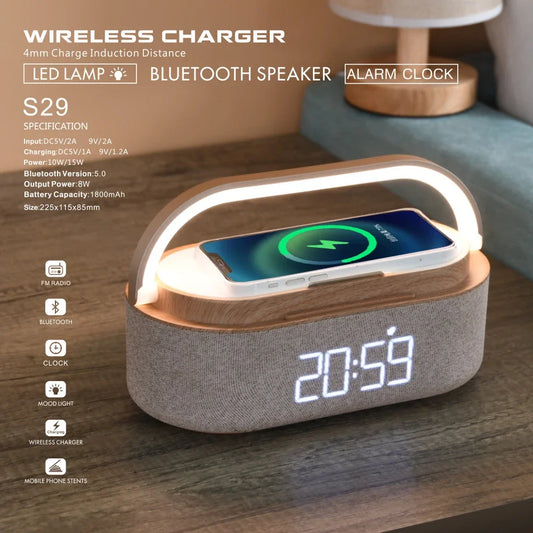 Wireless Charger 15W Bluetooth speaker alarm clock FM radio night light dual wireless speaker family bedside digital alarm clock